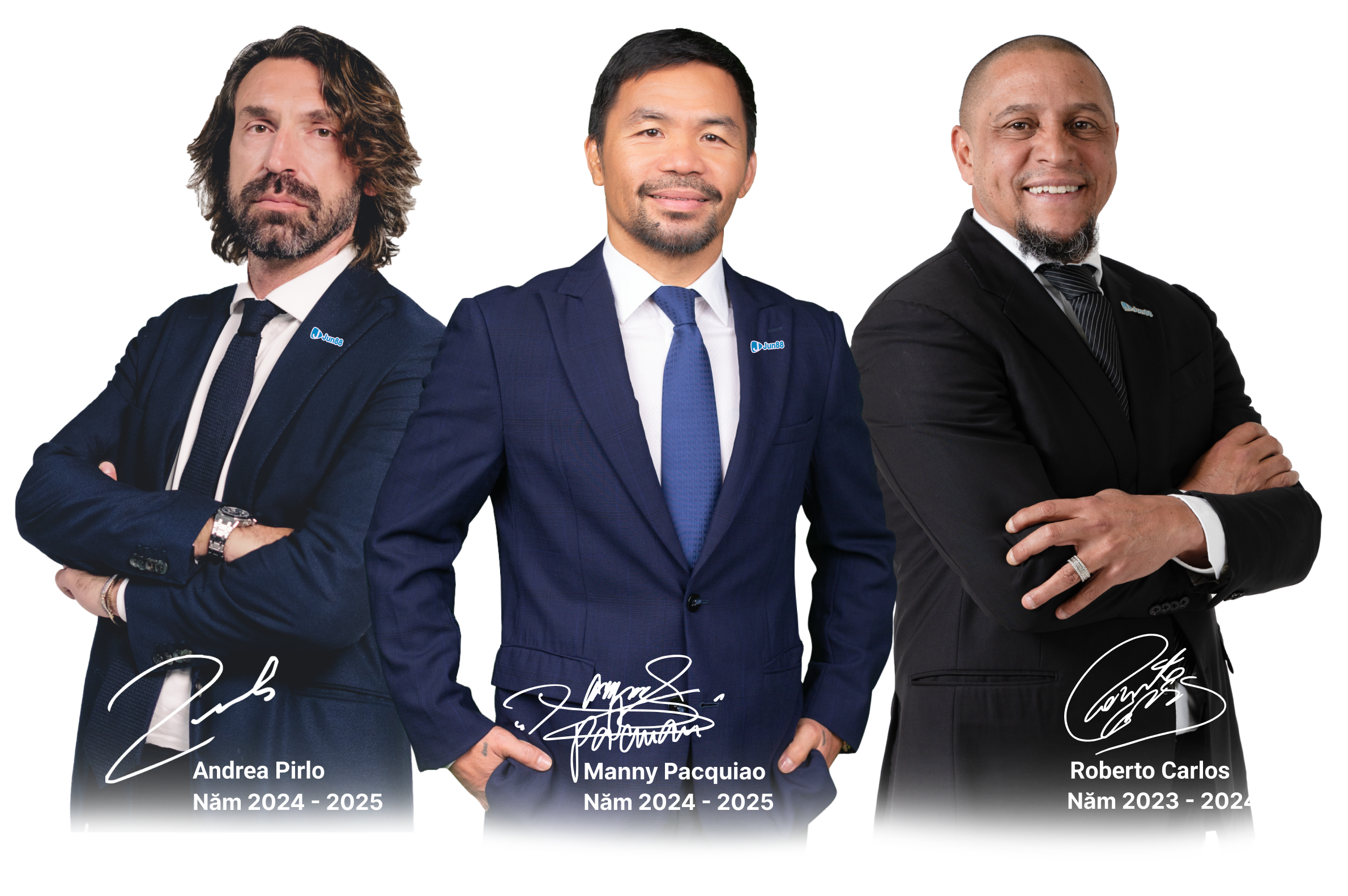 Andrea Pirlo, Manny Pacquiao và Roberto Carlos trong các giai đoạn hợp tác JUN88